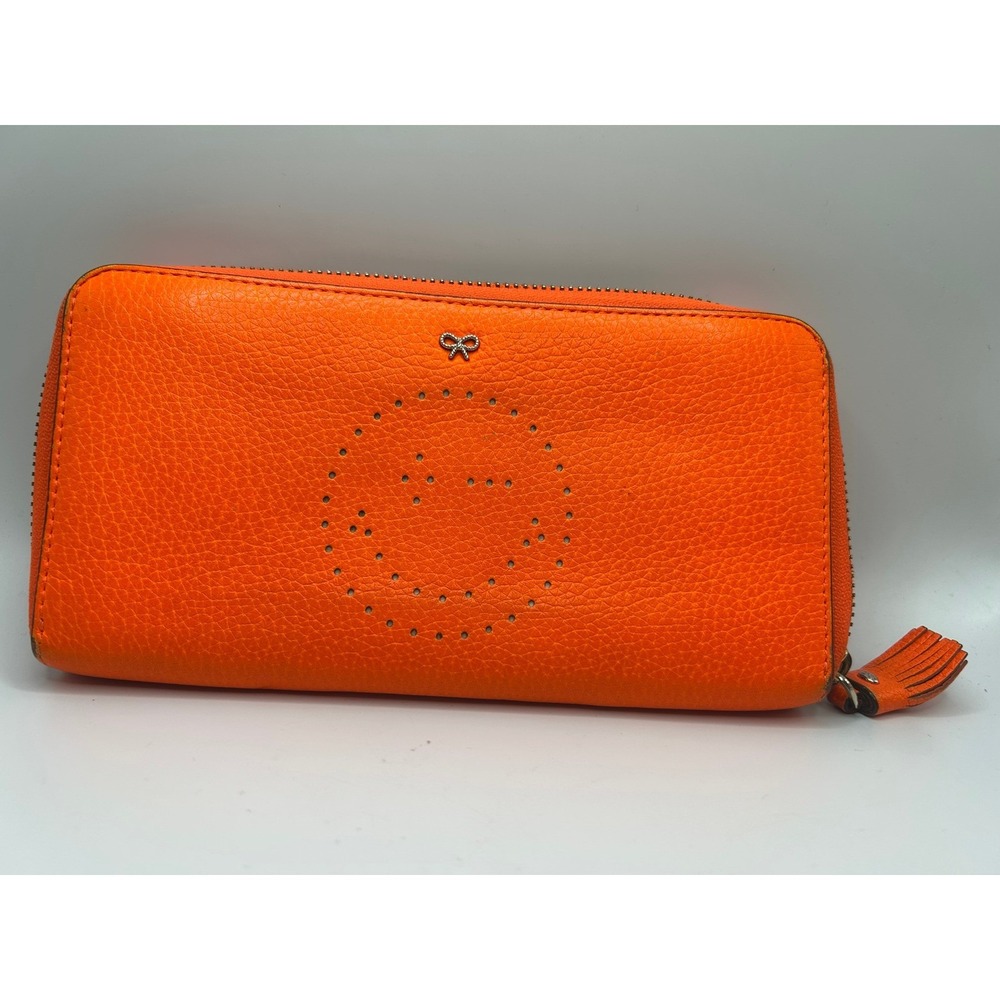 Anya Hindmarch Smiley Wink Neon Orange Pebbled Leather Zip Tassel Wallet#468